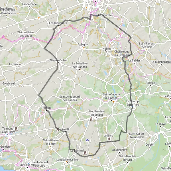 Miniature de la carte de l'inspiration cycliste "Les Clouzeaux - Nieul-le-Dolent (route routière)" dans la Pays de la Loire, France. Générée par le planificateur d'itinéraire cycliste Tarmacs.app