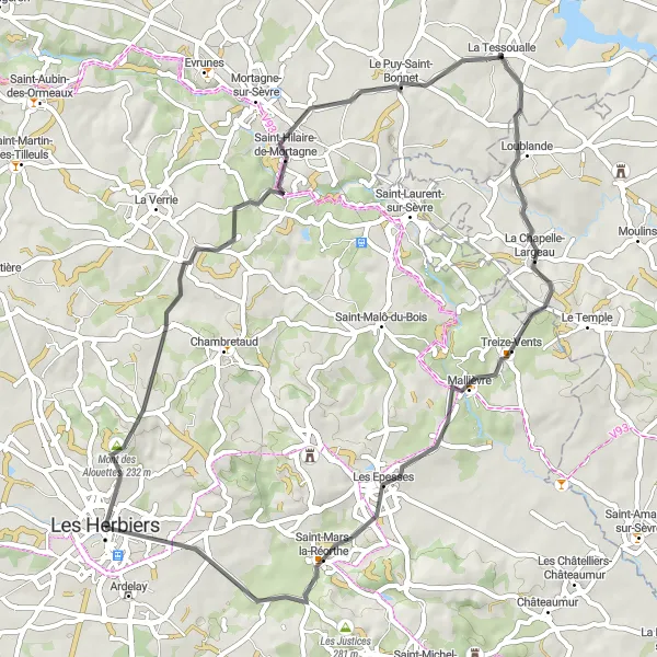 Map miniature of "Mont des Alouettes Adventure" cycling inspiration in Pays de la Loire, France. Generated by Tarmacs.app cycling route planner