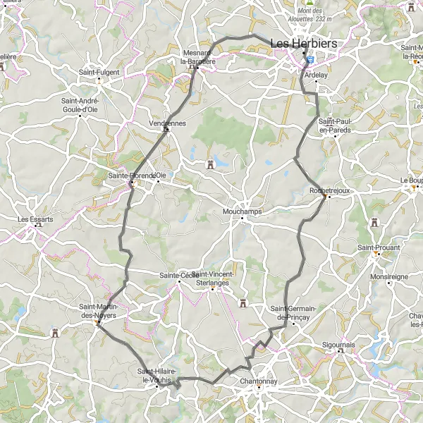 Map miniature of "The Loop of Les Herbiers" cycling inspiration in Pays de la Loire, France. Generated by Tarmacs.app cycling route planner