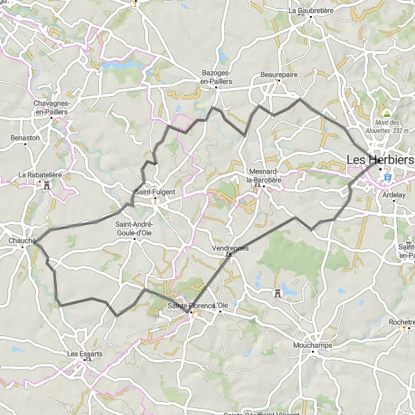 Map miniature of "Les Herbiers Countryside Ride" cycling inspiration in Pays de la Loire, France. Generated by Tarmacs.app cycling route planner