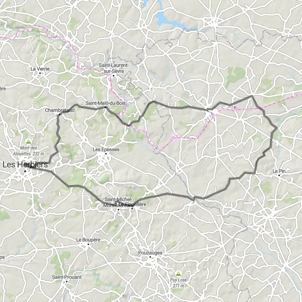 Miniature de la carte de l'inspiration cycliste "Aventure dans le Bocage Vendéen" dans la Pays de la Loire, France. Générée par le planificateur d'itinéraire cycliste Tarmacs.app