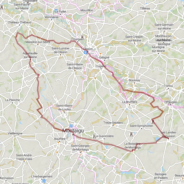 Miniature de la carte de l'inspiration cycliste "Boucle Montaiguaise" dans la Pays de la Loire, France. Générée par le planificateur d'itinéraire cycliste Tarmacs.app