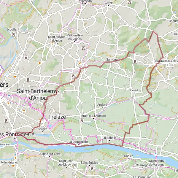 Miniature de la carte de l'inspiration cycliste "Les Ponts-de-Cé - Bouchemaine - Bauné" dans la Pays de la Loire, France. Générée par le planificateur d'itinéraire cycliste Tarmacs.app