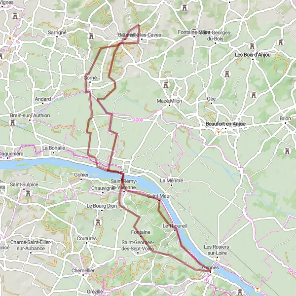 Map miniature of "Gravel Adventure in Saint-Mathurin-sur-Loire" cycling inspiration in Pays de la Loire, France. Generated by Tarmacs.app cycling route planner