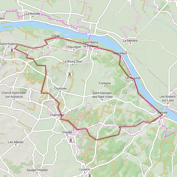 Map miniature of "Exploring the Villages of Maine-et-Loire" cycling inspiration in Pays de la Loire, France. Generated by Tarmacs.app cycling route planner