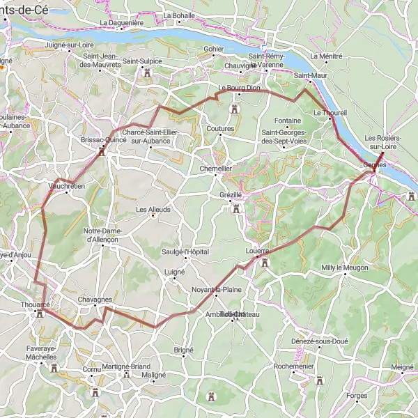 Map miniature of "Gravel Adventure in the Loire Valley" cycling inspiration in Pays de la Loire, France. Generated by Tarmacs.app cycling route planner