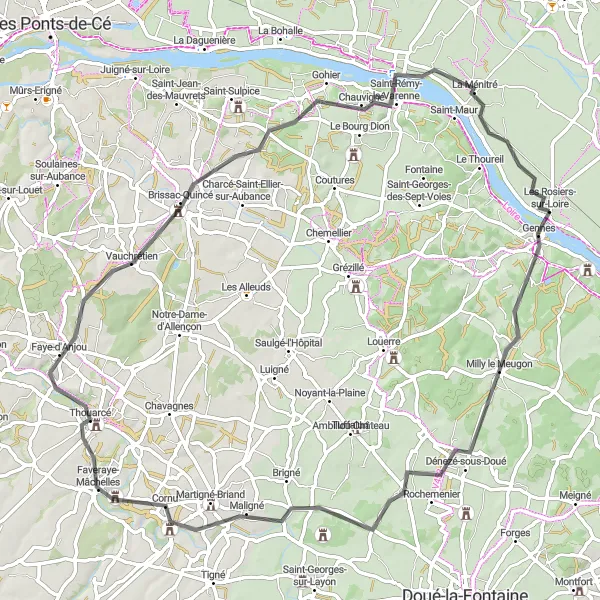 Miniature de la carte de l'inspiration cycliste "Au cœur des vignobles de l'Anjou" dans la Pays de la Loire, France. Générée par le planificateur d'itinéraire cycliste Tarmacs.app