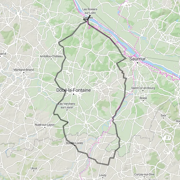 Map miniature of "Les Rosiers-sur-Loire Grand Loop" cycling inspiration in Pays de la Loire, France. Generated by Tarmacs.app cycling route planner