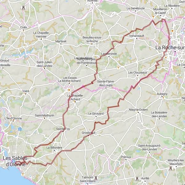 Map miniature of "Gravel Cycling Route: Countryside Escape from Les Sables-d'Olonne" cycling inspiration in Pays de la Loire, France. Generated by Tarmacs.app cycling route planner