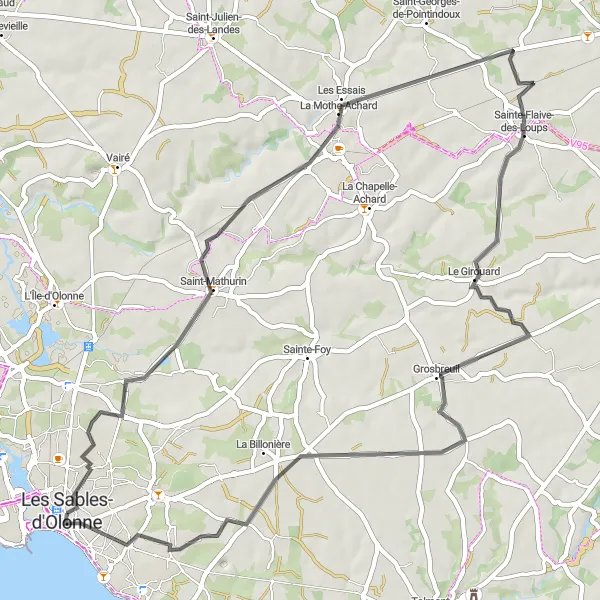 Map miniature of "Road Cycling Route from Les Sables-d'Olonne to Villa "Sans Souci"" cycling inspiration in Pays de la Loire, France. Generated by Tarmacs.app cycling route planner