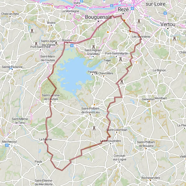 Miniature de la carte de l'inspiration cycliste "Les Sorinières - Bouaye Gravel Adventure" dans la Pays de la Loire, France. Générée par le planificateur d'itinéraire cycliste Tarmacs.app