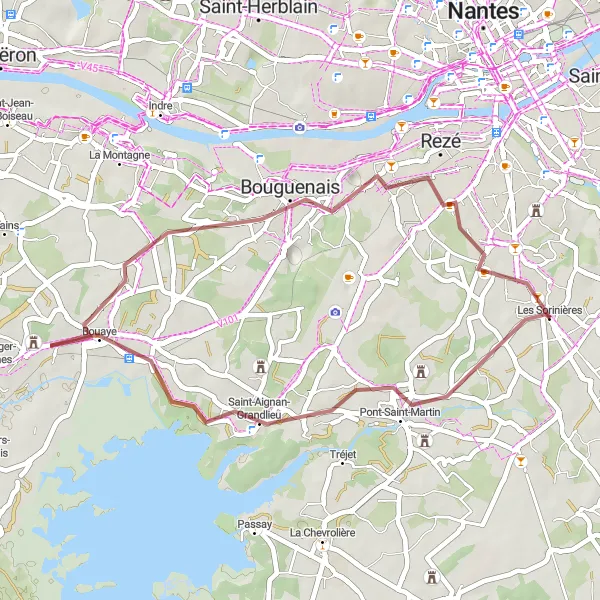 Miniature de la carte de l'inspiration cycliste "Les Sorinières - Saint-Aignan-Grandlieu Loop" dans la Pays de la Loire, France. Générée par le planificateur d'itinéraire cycliste Tarmacs.app