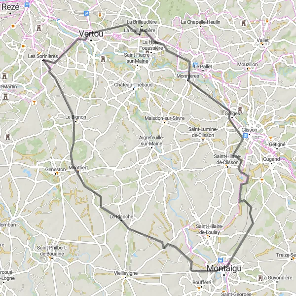 Miniature de la carte de l'inspiration cycliste "Les Sorinières - Montaigu" dans la Pays de la Loire, France. Générée par le planificateur d'itinéraire cycliste Tarmacs.app