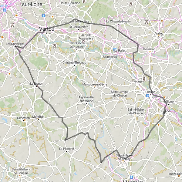 Miniature de la carte de l'inspiration cycliste "Tour La Chapelle-Heulin - Le Bignon" dans la Pays de la Loire, France. Générée par le planificateur d'itinéraire cycliste Tarmacs.app