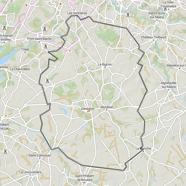 Miniature de la carte de l'inspiration cycliste "Les Sorinières - Château du Plessis" dans la Pays de la Loire, France. Générée par le planificateur d'itinéraire cycliste Tarmacs.app