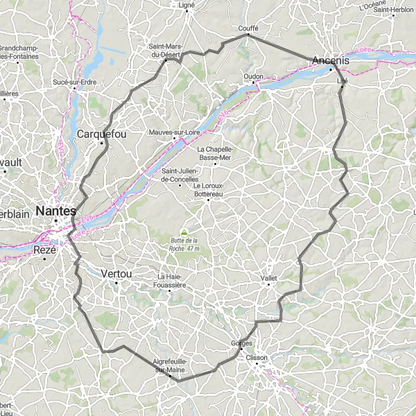 Miniature de la carte de l'inspiration cycliste "Tour de la Loire à Vélo" dans la Pays de la Loire, France. Générée par le planificateur d'itinéraire cycliste Tarmacs.app
