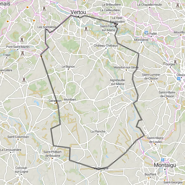 Miniature de la carte de l'inspiration cycliste "Les Sorinières - Viais" dans la Pays de la Loire, France. Générée par le planificateur d'itinéraire cycliste Tarmacs.app