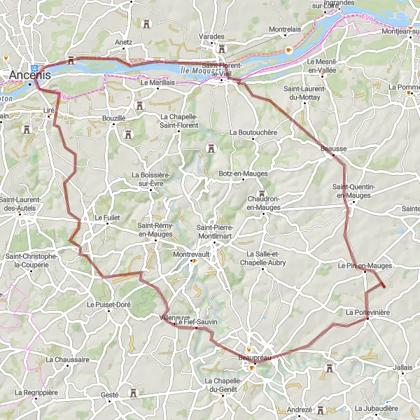 Map miniature of "Gravel journey to Liré and back" cycling inspiration in Pays de la Loire, France. Generated by Tarmacs.app cycling route planner