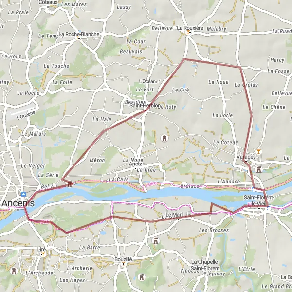 Map miniature of "The Riverside Escape" cycling inspiration in Pays de la Loire, France. Generated by Tarmacs.app cycling route planner