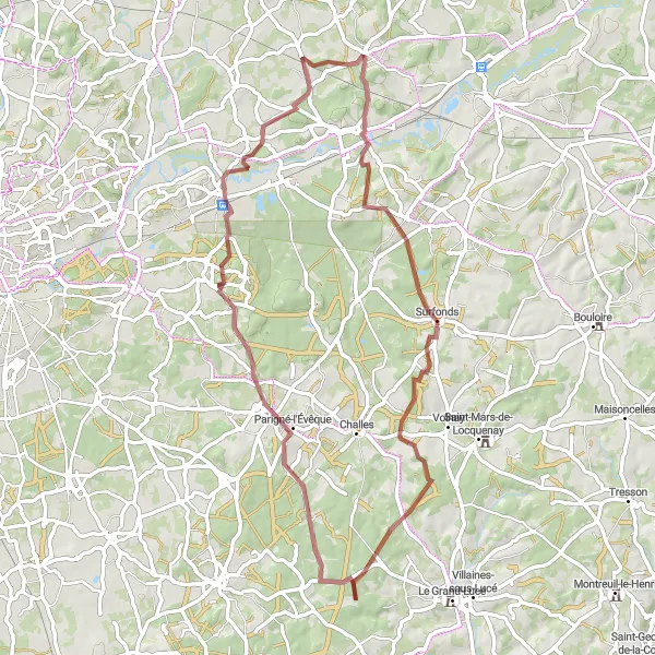 Miniature de la carte de l'inspiration cycliste "Circuit de gravel à Lombron" dans la Pays de la Loire, France. Générée par le planificateur d'itinéraire cycliste Tarmacs.app