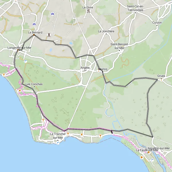 Miniature de la carte de l'inspiration cycliste "Parcours côtier de Longeville" dans la Pays de la Loire, France. Générée par le planificateur d'itinéraire cycliste Tarmacs.app