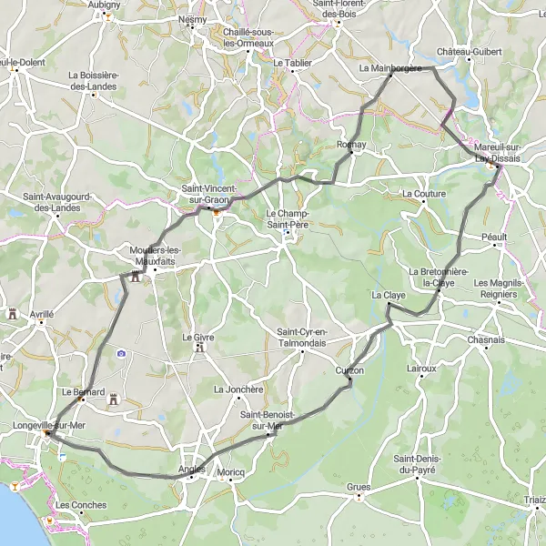 Map miniature of "Idyllic Road Cycling Tour through the Pays de la Loire Countryside" cycling inspiration in Pays de la Loire, France. Generated by Tarmacs.app cycling route planner