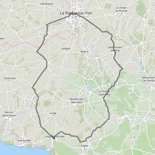 Map miniature of "Challenging Road Cycling Expedition from Longeville-sur-Mer" cycling inspiration in Pays de la Loire, France. Generated by Tarmacs.app cycling route planner
