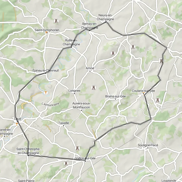 Miniature de la carte de l'inspiration cycliste "Tour en boucle depuis Loué" dans la Pays de la Loire, France. Générée par le planificateur d'itinéraire cycliste Tarmacs.app