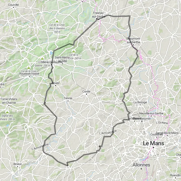 Miniature de la carte de l'inspiration cycliste "Circuit des villages de la Sarthe" dans la Pays de la Loire, France. Générée par le planificateur d'itinéraire cycliste Tarmacs.app