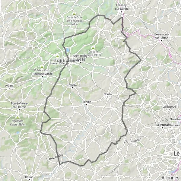 Miniature de la carte de l'inspiration cycliste "Tour des collines de la Sarthe" dans la Pays de la Loire, France. Générée par le planificateur d'itinéraire cycliste Tarmacs.app