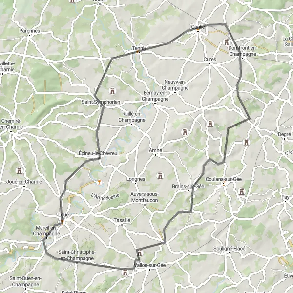 Miniature de la carte de l'inspiration cycliste "Parcours champêtre autour de Loué" dans la Pays de la Loire, France. Générée par le planificateur d'itinéraire cycliste Tarmacs.app