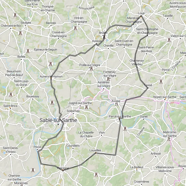 Miniature de la carte de l'inspiration cycliste "Exploration des vallées de la Sarthe" dans la Pays de la Loire, France. Générée par le planificateur d'itinéraire cycliste Tarmacs.app