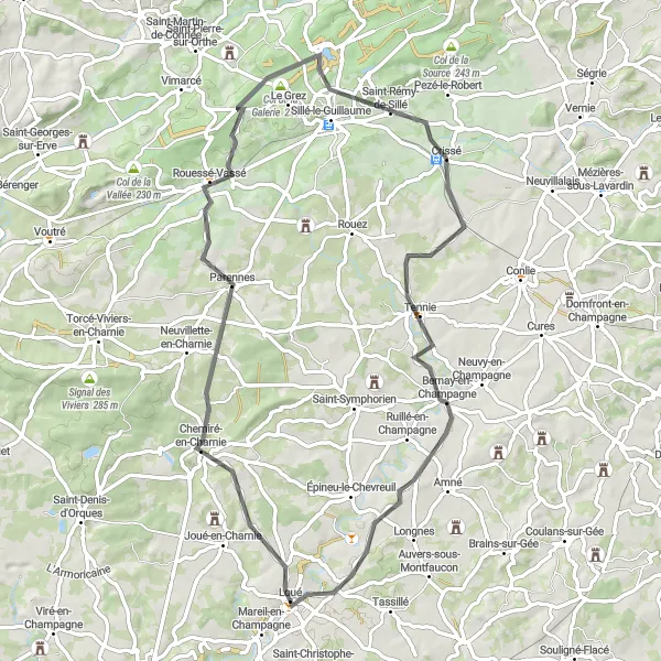 Miniature de la carte de l'inspiration cycliste "Itinéraire Loué - Chassillé" dans la Pays de la Loire, France. Générée par le planificateur d'itinéraire cycliste Tarmacs.app