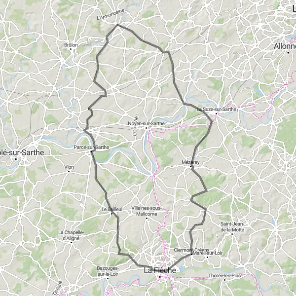 Map miniature of "Road Cycling Route from Loué to Mareil-en-Champagne" cycling inspiration in Pays de la Loire, France. Generated by Tarmacs.app cycling route planner