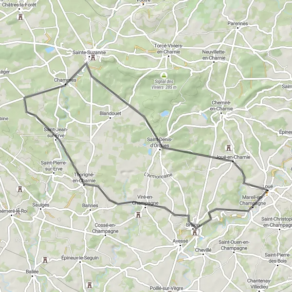Miniature de la carte de l'inspiration cycliste "Parcours Brûlon - Joué-en-Charnie" dans la Pays de la Loire, France. Générée par le planificateur d'itinéraire cycliste Tarmacs.app