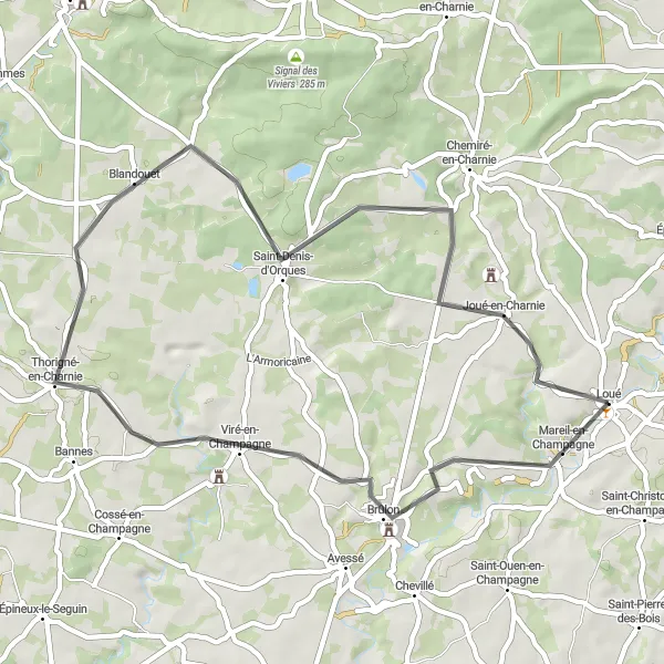 Miniature de la carte de l'inspiration cycliste "Boucle à travers la campagne" dans la Pays de la Loire, France. Générée par le planificateur d'itinéraire cycliste Tarmacs.app