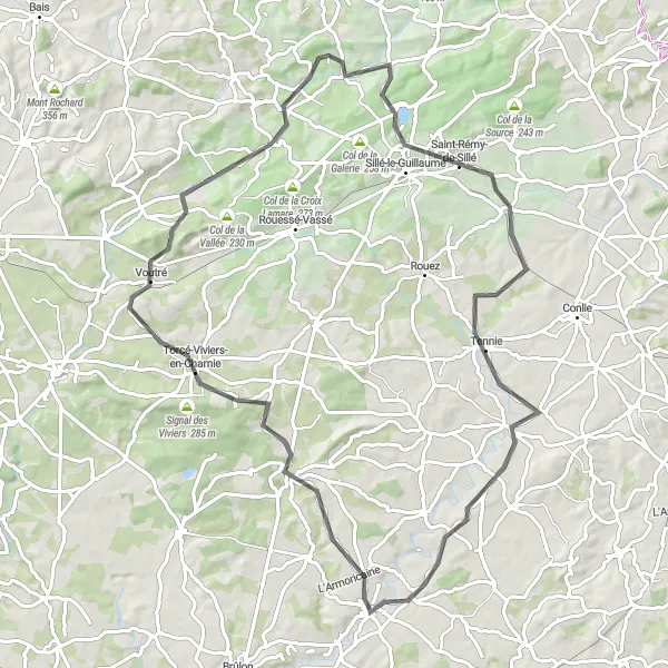 Miniature de la carte de l'inspiration cycliste "Randonnée Loué - Chassillé via Voutré" dans la Pays de la Loire, France. Générée par le planificateur d'itinéraire cycliste Tarmacs.app