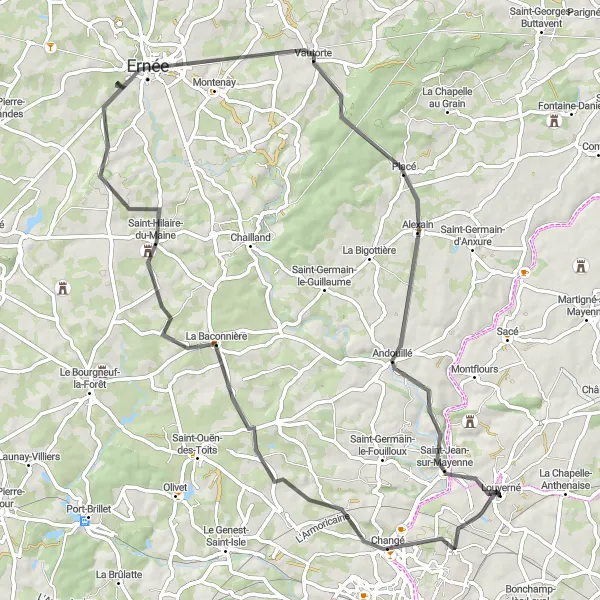 Map miniature of "Mayenne Discovery" cycling inspiration in Pays de la Loire, France. Generated by Tarmacs.app cycling route planner