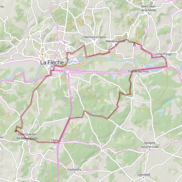 Miniature de la carte de l'inspiration cycliste "Parcours Gravel autour de Luché-Pringé" dans la Pays de la Loire, France. Générée par le planificateur d'itinéraire cycliste Tarmacs.app