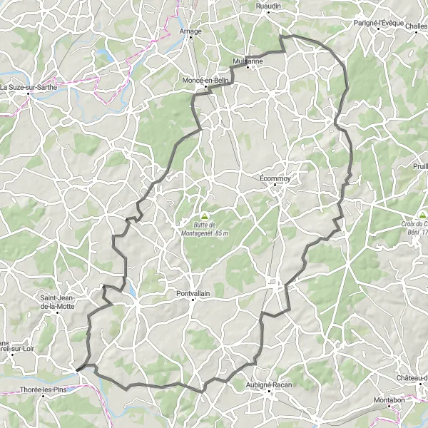 Miniature de la carte de l'inspiration cycliste "Parcours Route à proximité de Luché-Pringé" dans la Pays de la Loire, France. Générée par le planificateur d'itinéraire cycliste Tarmacs.app