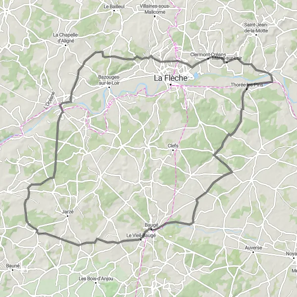 Miniature de la carte de l'inspiration cycliste "Les Châteaux de la région" dans la Pays de la Loire, France. Générée par le planificateur d'itinéraire cycliste Tarmacs.app