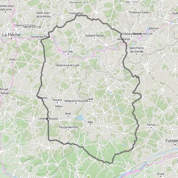 Map miniature of "Road Cycling Tour: From Luché-Pringé to Thorée-les-Pins" cycling inspiration in Pays de la Loire, France. Generated by Tarmacs.app cycling route planner
