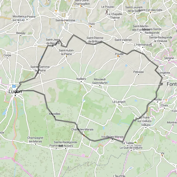 Miniature de la carte de l'inspiration cycliste "Le tour des Marais Vendéens" dans la Pays de la Loire, France. Générée par le planificateur d'itinéraire cycliste Tarmacs.app