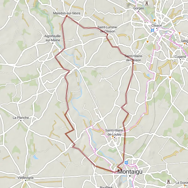 Map miniature of "Maisdon-sur-Sèvre Gravel Loop" cycling inspiration in Pays de la Loire, France. Generated by Tarmacs.app cycling route planner