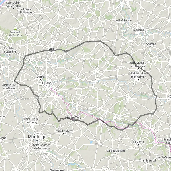Miniature de la carte de l'inspiration cycliste "Tour des Vignobles" dans la Pays de la Loire, France. Générée par le planificateur d'itinéraire cycliste Tarmacs.app