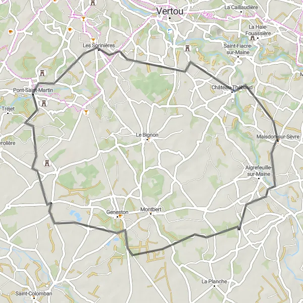 Miniature de la carte de l'inspiration cycliste "Boucle de 52 km autour de Maisdon-sur-Sèvre" dans la Pays de la Loire, France. Générée par le planificateur d'itinéraire cycliste Tarmacs.app