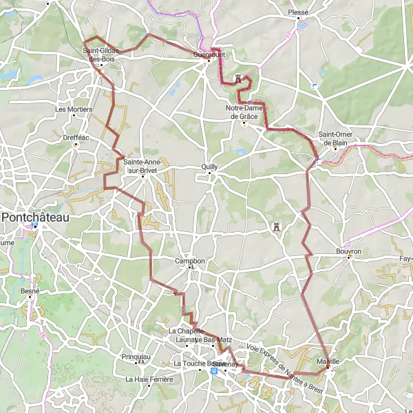 Miniature de la carte de l'inspiration cycliste "Boucle de Malville à Guenrouet" dans la Pays de la Loire, France. Générée par le planificateur d'itinéraire cycliste Tarmacs.app