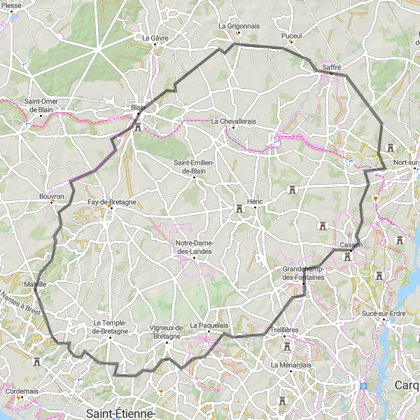 Map miniature of "Blain and Saffré Circuit" cycling inspiration in Pays de la Loire, France. Generated by Tarmacs.app cycling route planner