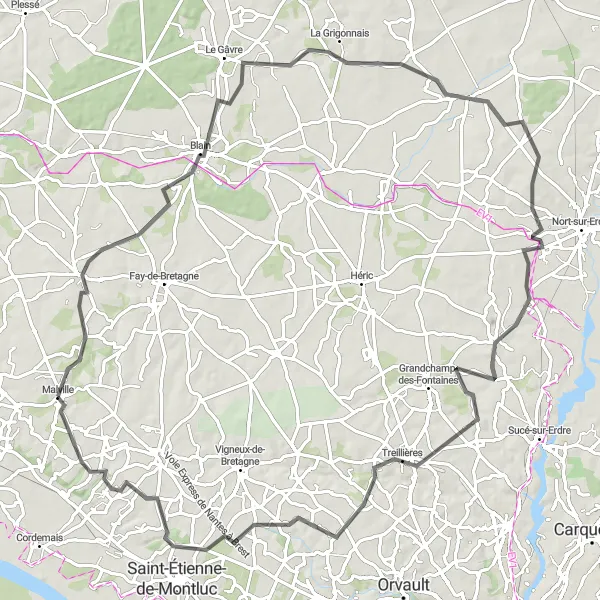 Miniature de la carte de l'inspiration cycliste "Boucle de Malville à Blain" dans la Pays de la Loire, France. Générée par le planificateur d'itinéraire cycliste Tarmacs.app