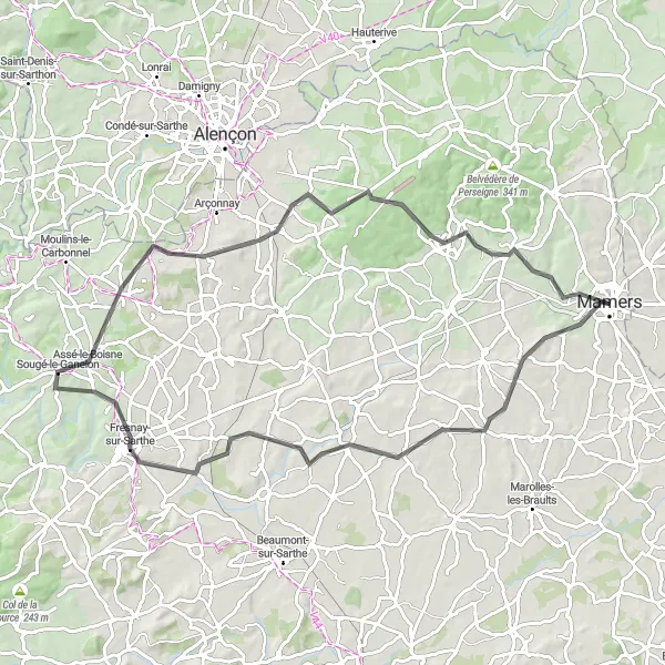 Miniature de la carte de l'inspiration cycliste "Boucle de Mamers Road Cycling Route" dans la Pays de la Loire, France. Générée par le planificateur d'itinéraire cycliste Tarmacs.app